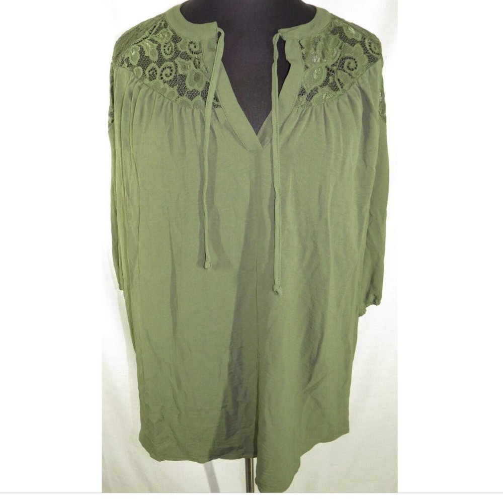 Cure Olive Green Lace Trimmed Peasant Top, 3/4 Sleeve, Plus Size 3XL